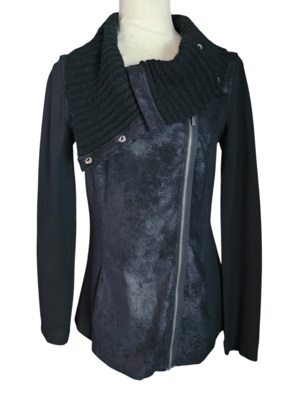 Armani Exchange Black Asymmetric Zip Jacket M Knit Cowl Faux Suede Leather Moto